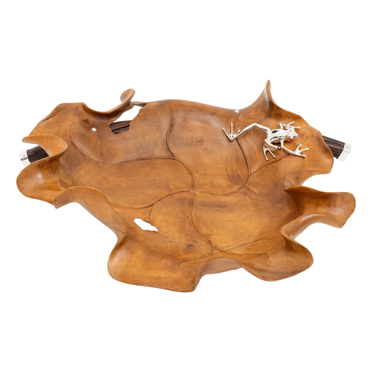 Carved Teak Wood Leaf Bowl with Silver Frog