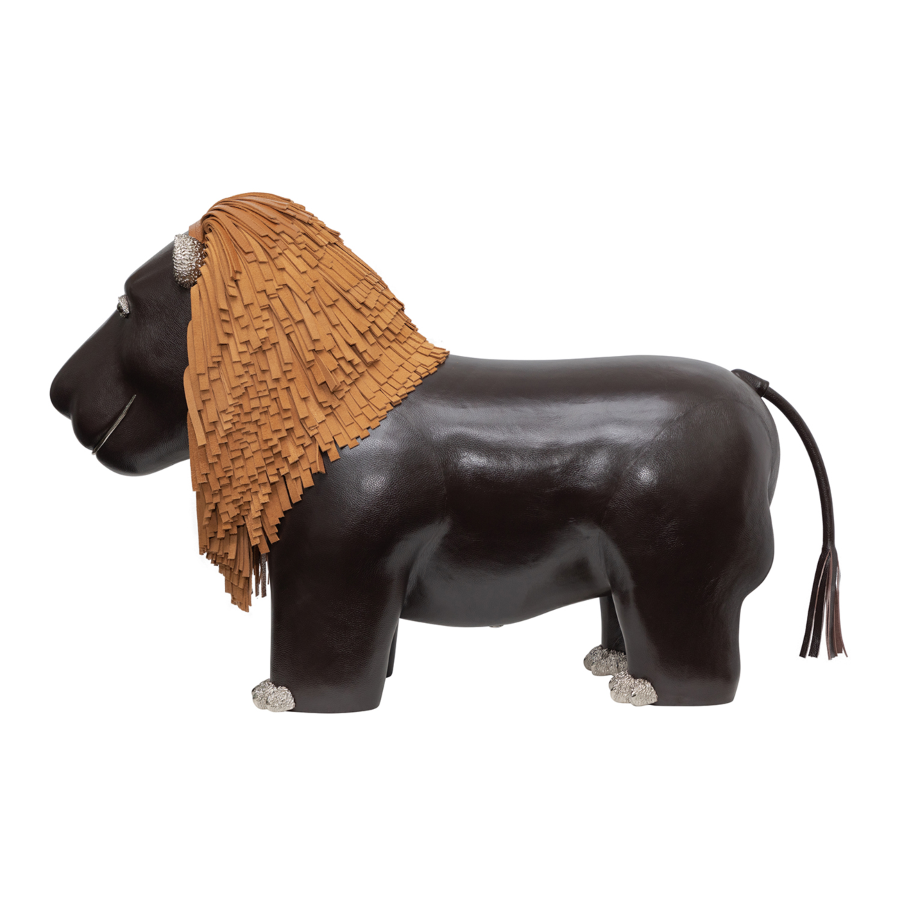 Brown Leather Lion Stool