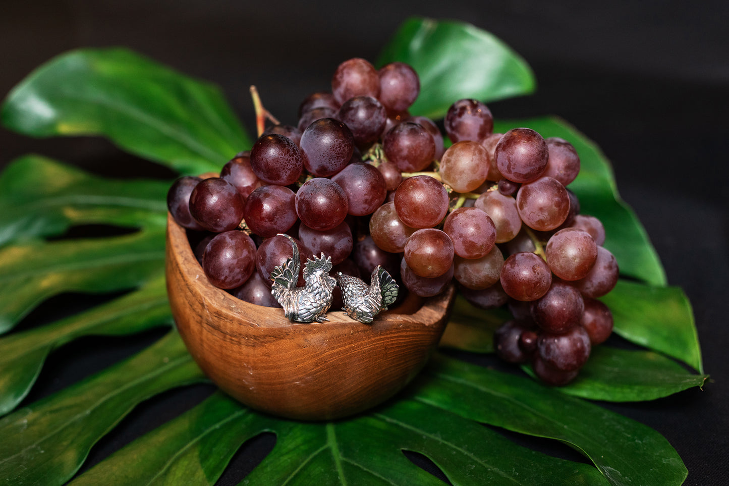 Teak Wood Bowl with Silver Rooster and Hen