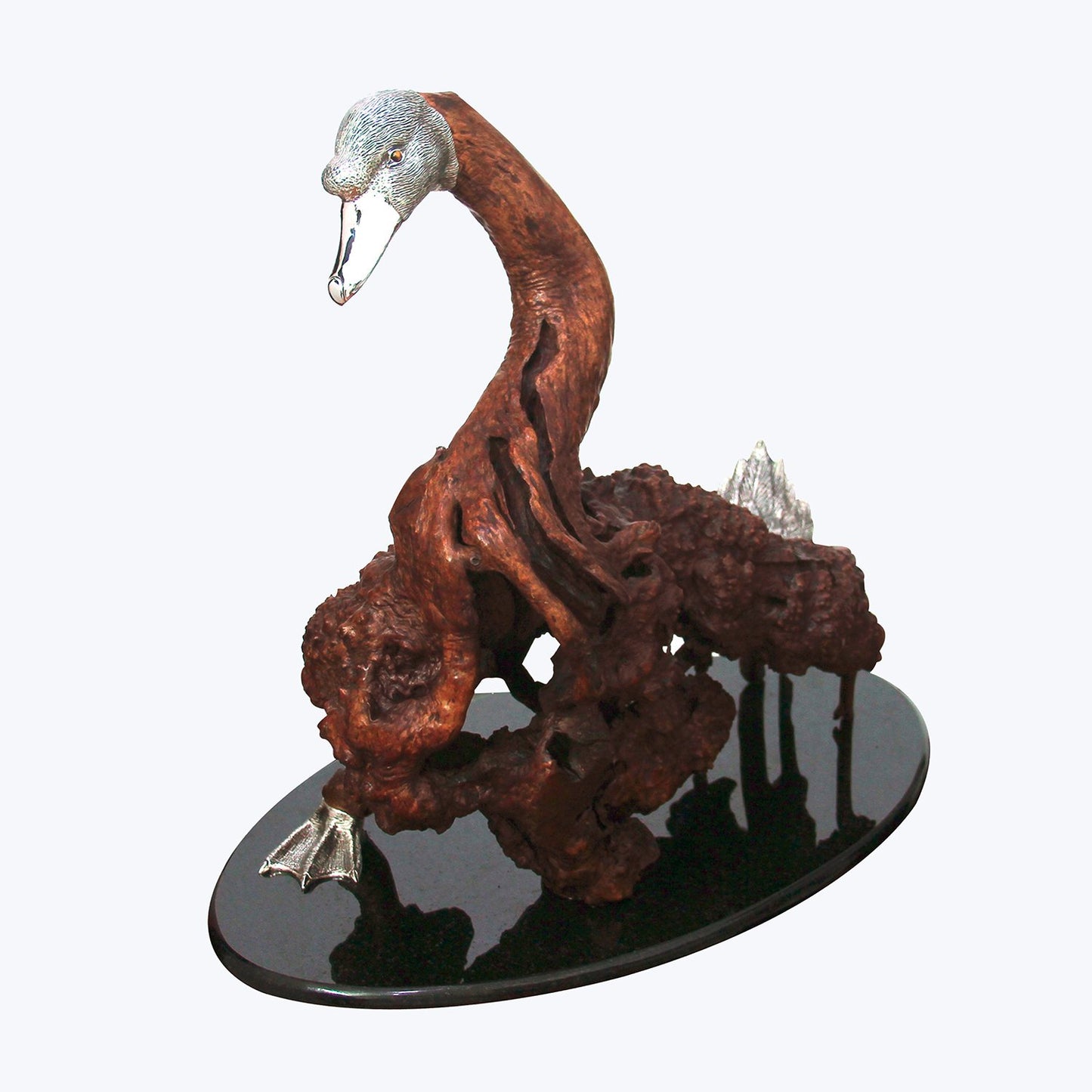 Keyaki Wood Swan Sculpture with Sterling Silver