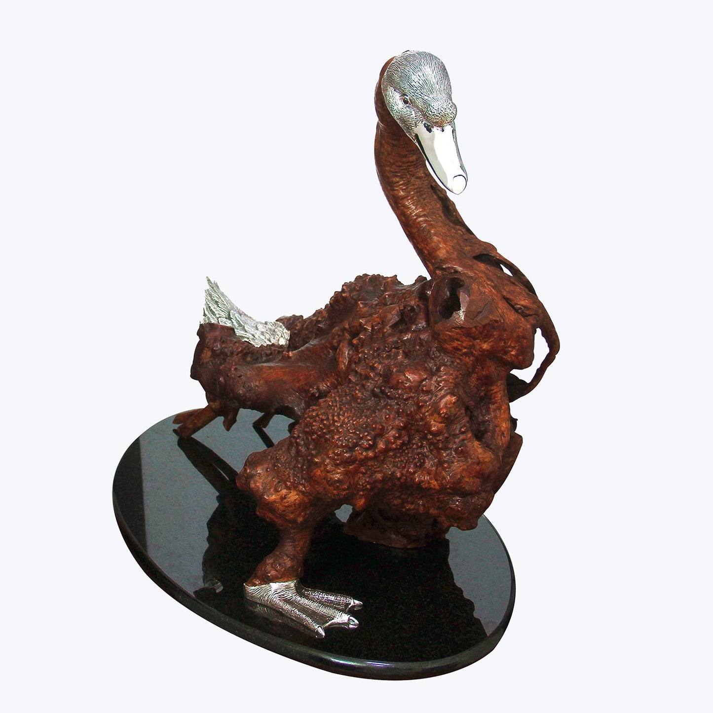 Keyaki Wood Swan Sculpture with Sterling Silver