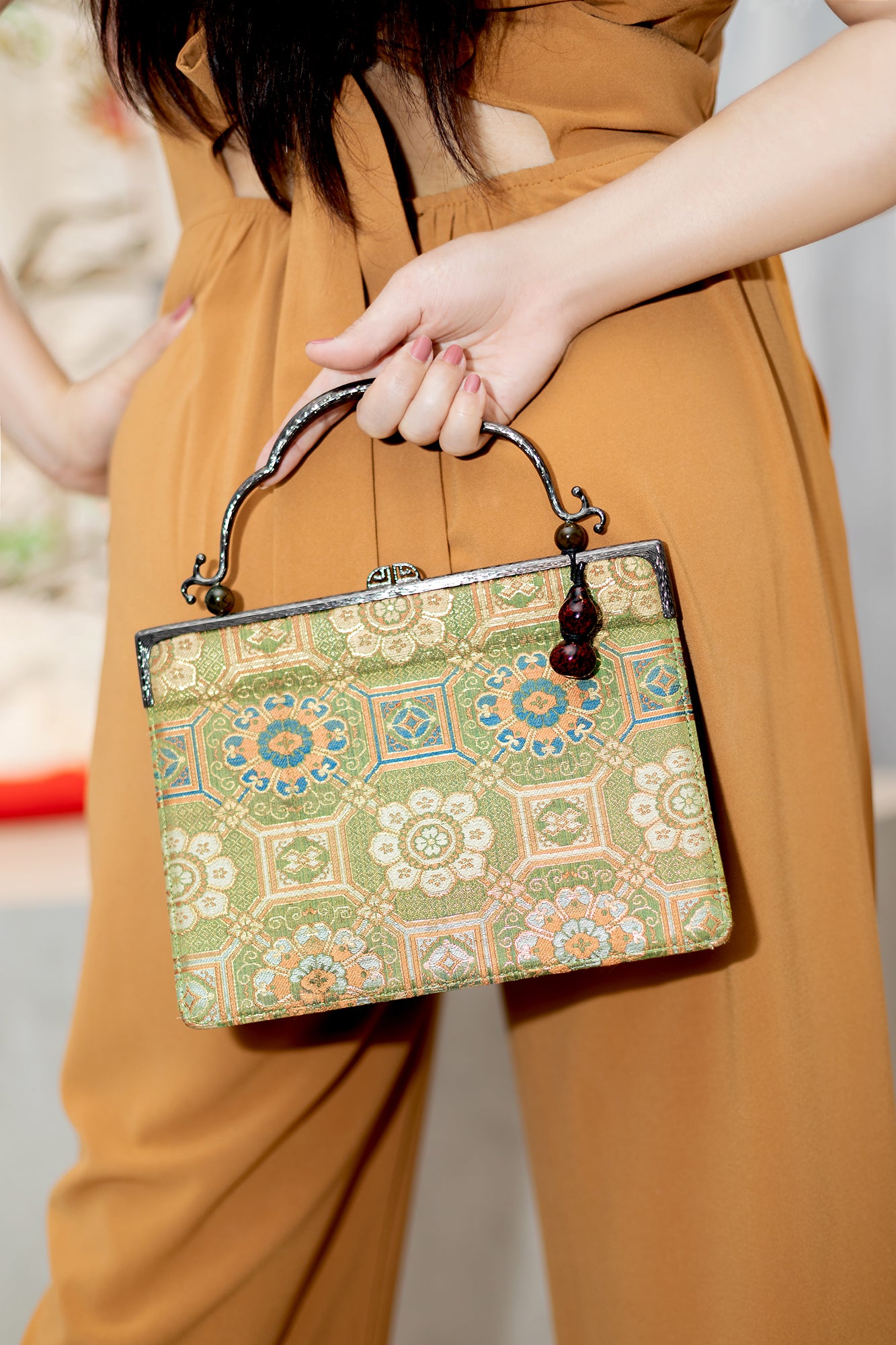 Japanese Antique Brown Brocade Handbag