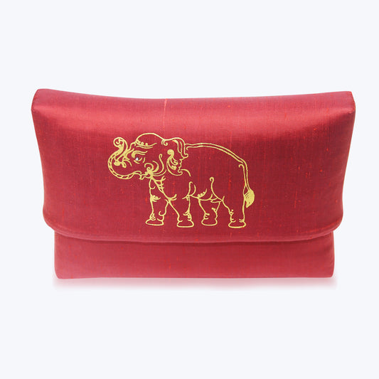 Red Rattan Handbag with Gold Painted Elephant