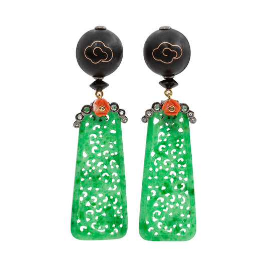 Jade Earrings with Black Wood Inlay, Diamonds