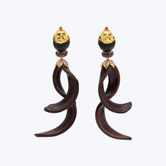 Asia Happy Monk Earrings with Crazy Wood, Spacer Rhodolite and Diamond