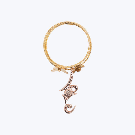 18K Yellow Gold Wire Stretchable Ring with Gold and Silver Flowers and Love Pendant with Diamond in 9K Pink Gold