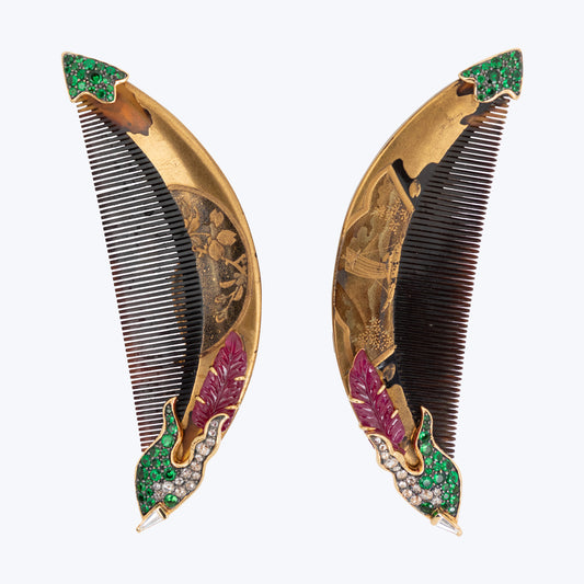 Golden Sails Maki-E Lacquer Earrings with Ruby Leaves