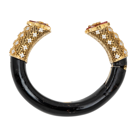 Polished Black Wood Bangle with Diamond and Red Lacquer