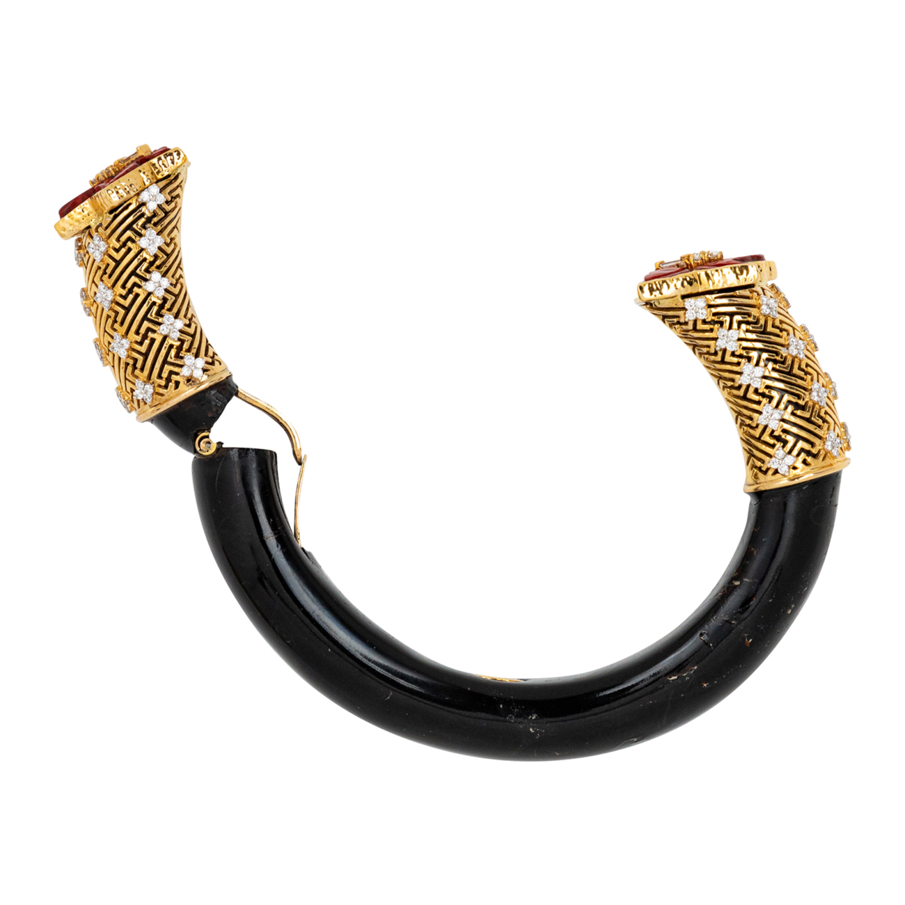 Polished Black Wood Bangle with Diamond and Red Lacquer