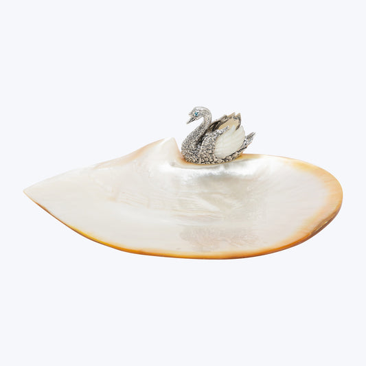 Mother of Pearl Plate with Silver Swan and Shell Wings