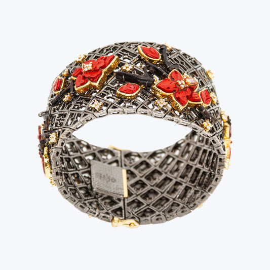 Floral Red Lacquer, Coral & Diamond Bracelet