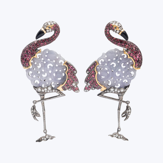 Playful Flamingo Lavender Jade Earrings with Diamonds and Pink Tourmalines