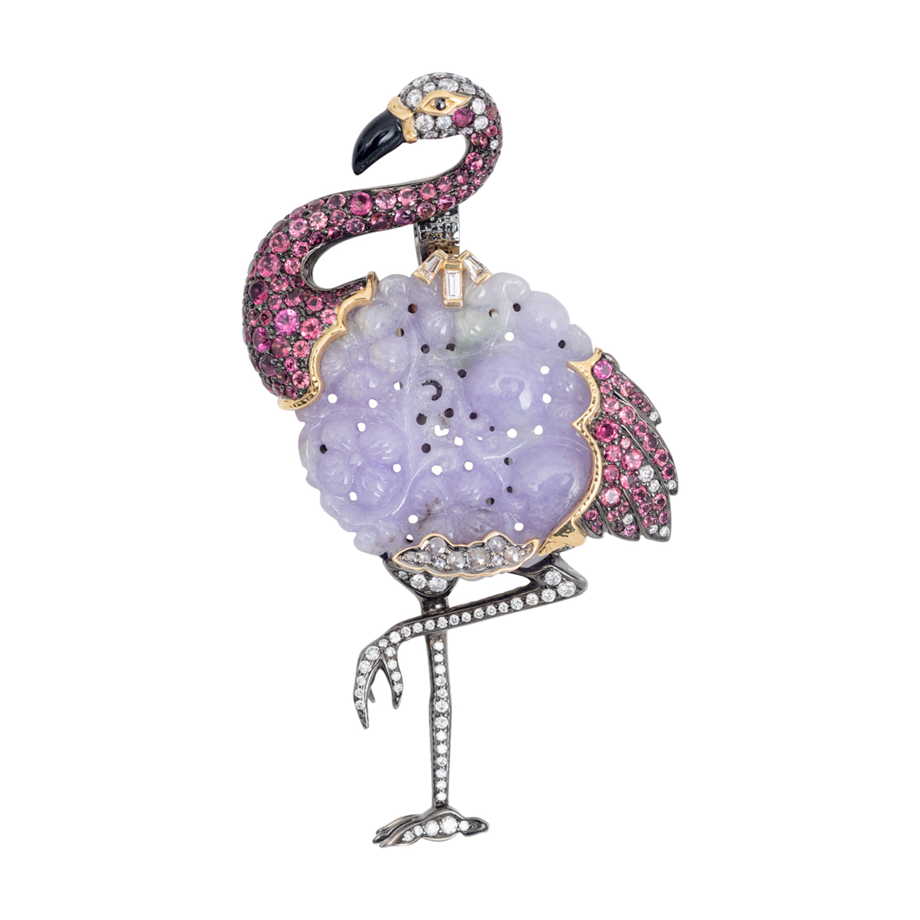 Playful Pink Flamingo Brooch/ Necklace with Diamond, Jade & Tourmaline