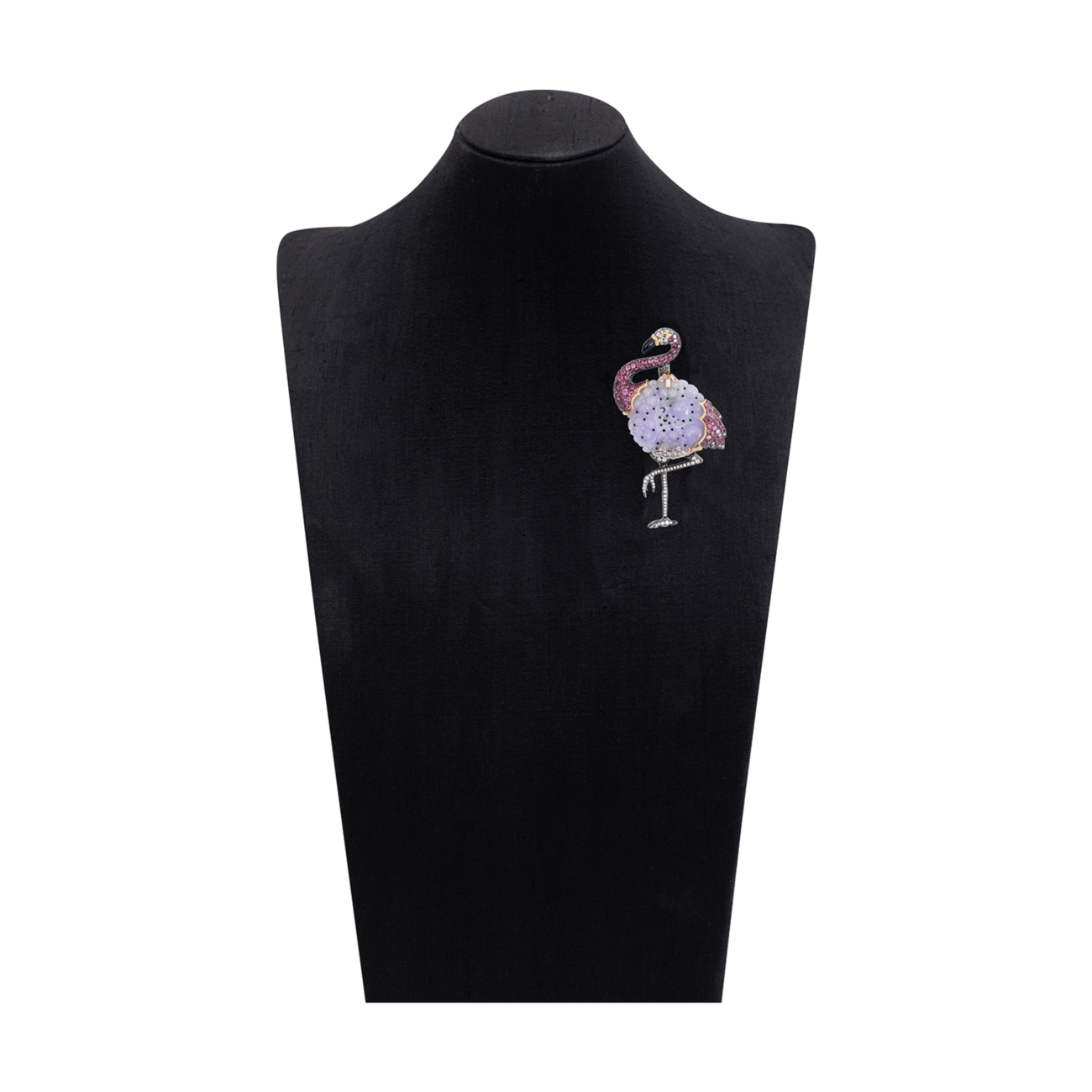 Playful Pink Flamingo Brooch/ Necklace with Diamond, Jade & Tourmaline