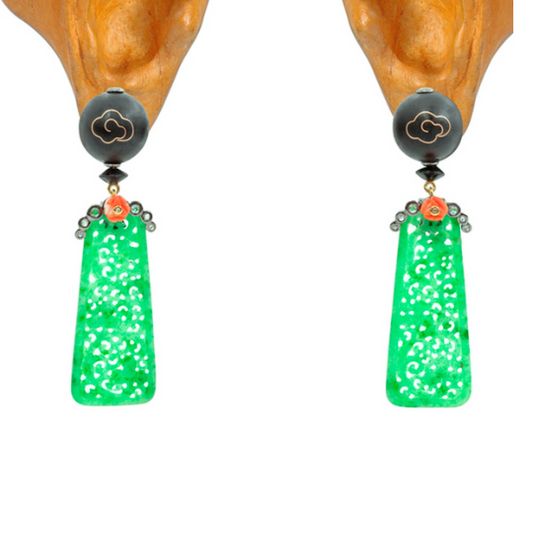 Jade Earrings with Black Wood Inlay, Diamonds