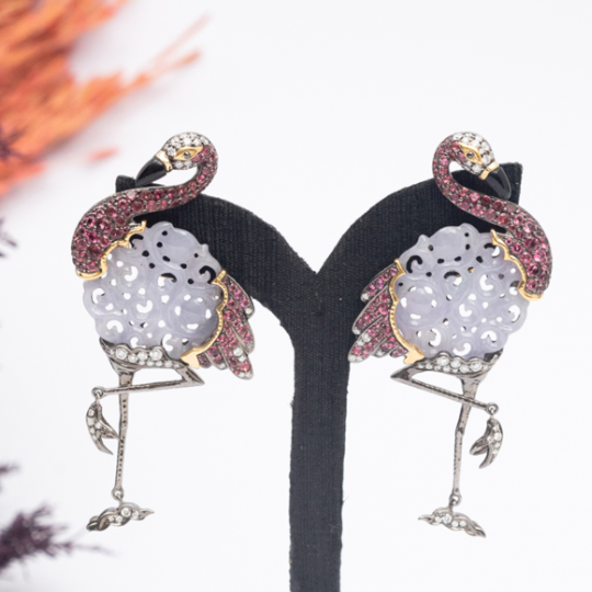 Playful Flamingo Lavender Jade Earrings with Diamonds and Pink Tourmalines