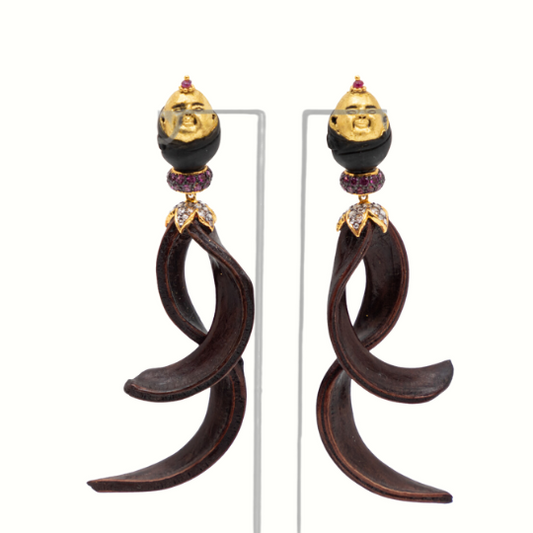 Asia Happy Monk Earrings with Crazy Wood, Spacer Rhodolite and Diamond