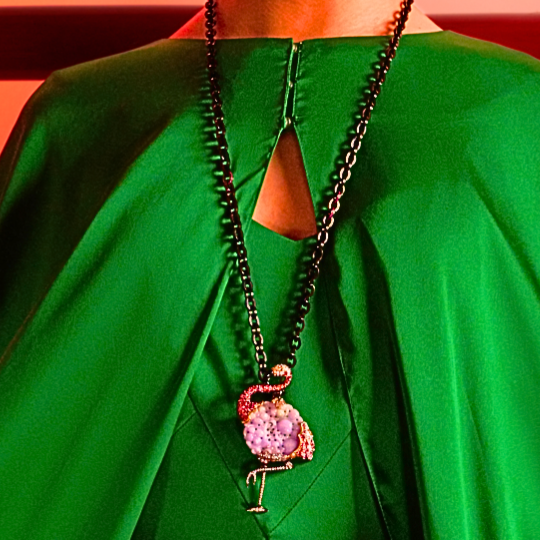 Playful Pink Flamingo Brooch/ Necklace with Diamond, Jade & Tourmaline