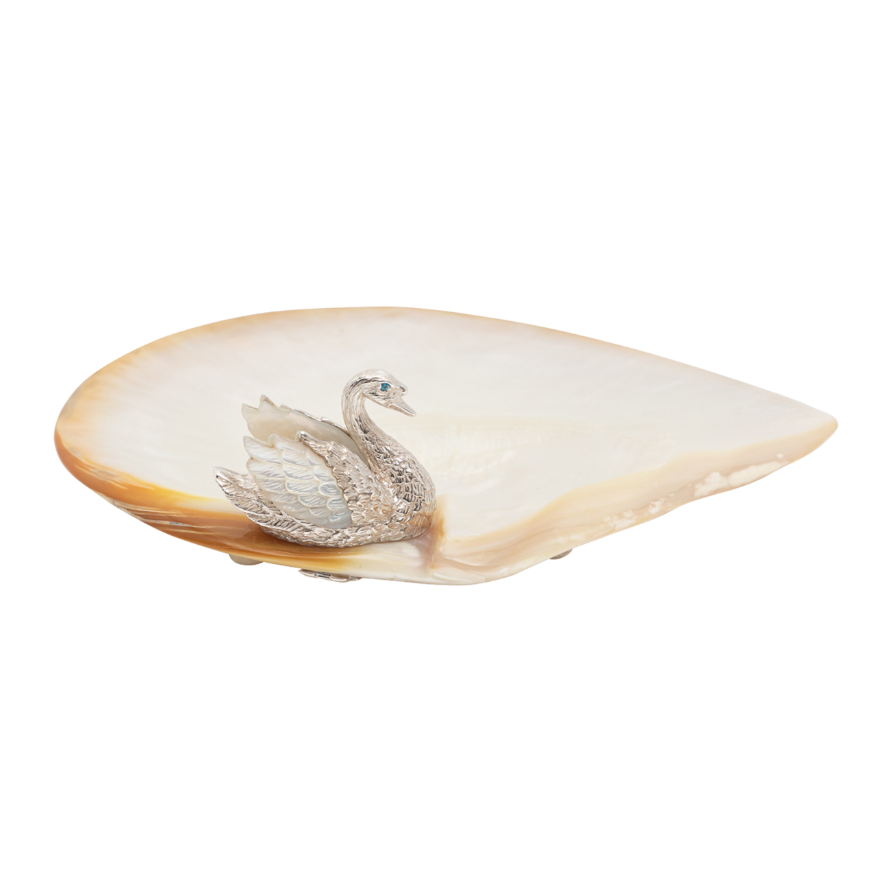 Mother of Pearl Plate with Silver Swan and Shell Wings